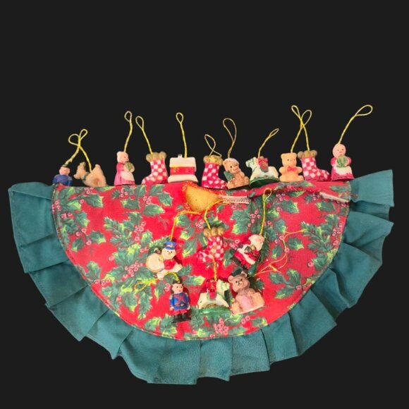 Mini Vintage Christmas Ornaments & Tree Skirt Set 1980s Holiday Miniatures  Sant - Picture 4 of 12